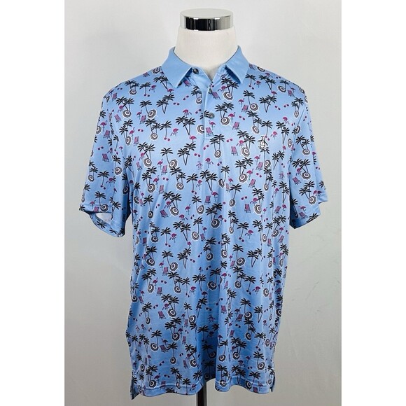 Original Penguin Large Hawaiian Polo Shirt Flamingos Sunglasses Palms Blue Pink - Picture 2 of 4